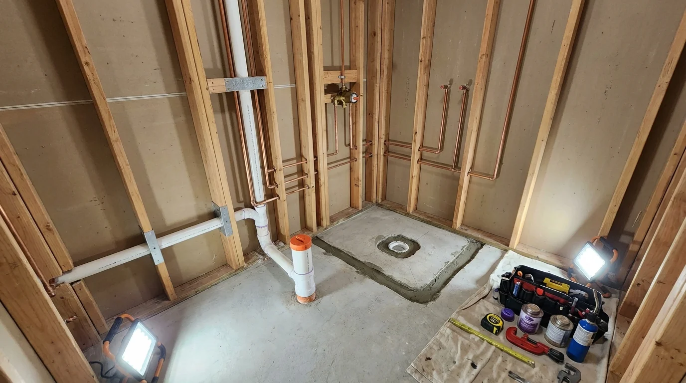 Bathroom rough-in plumbing during remodel by Johns Plumbing LLC in Plover
