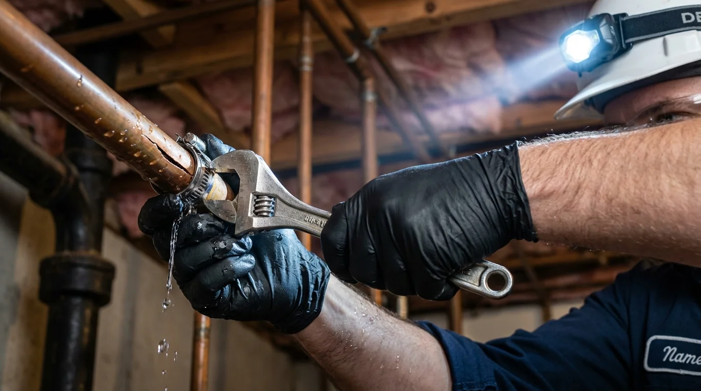Emergency pipe clamp repair being performed by a Johns Plumbing LLC plumber in Plover