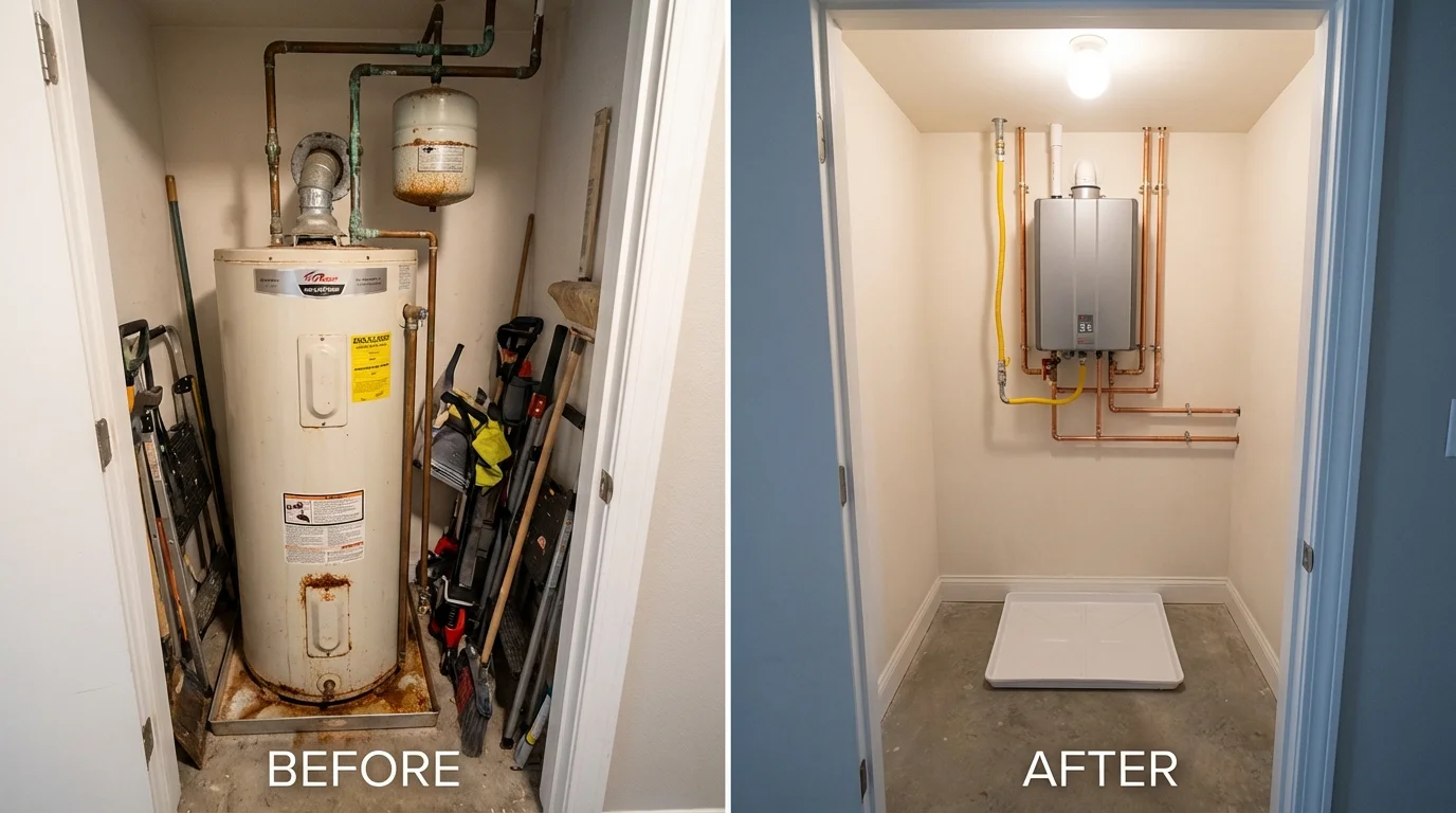 Tank water heater versus wall-mounted tankless unit comparison for Plover, WI homeowners