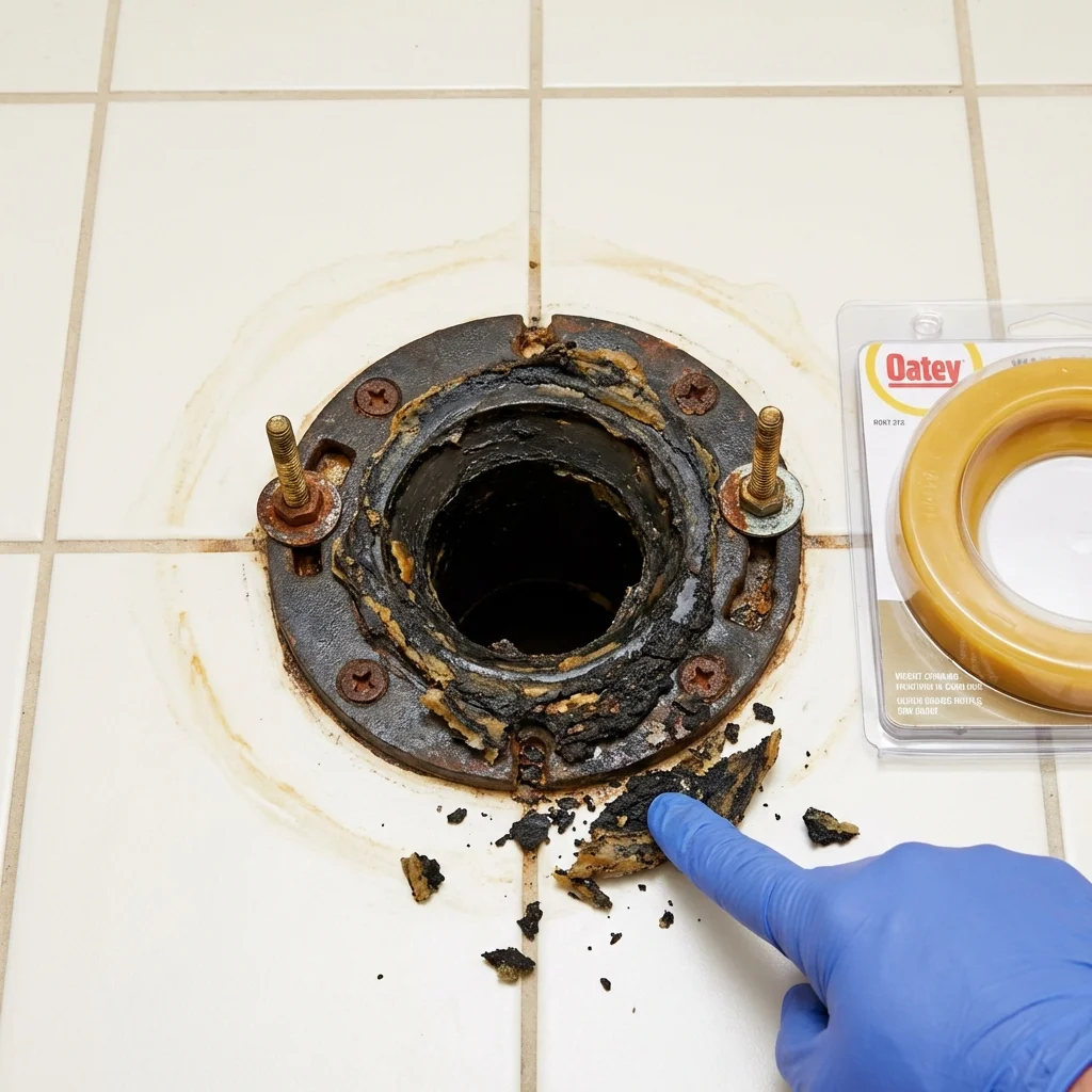 Failed wax ring showing water seepage at the base of a toilet in a Plover, WI home