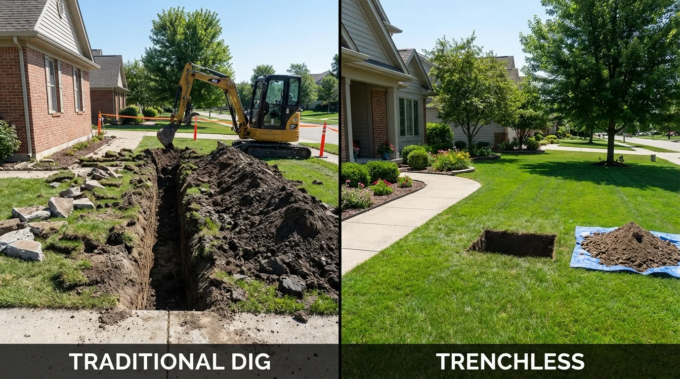 Trenchless sewer repair with minimal yard damage versus traditional excavation in Plover, WI