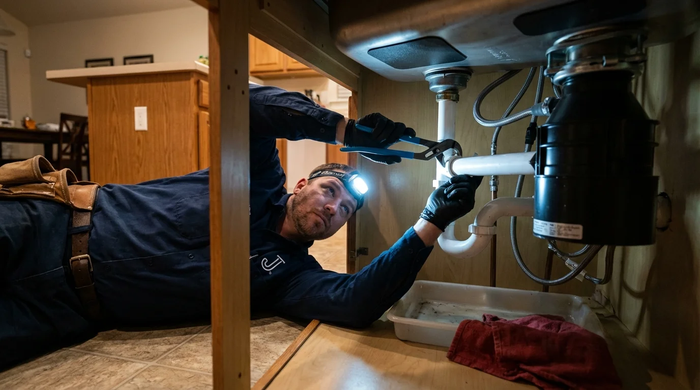 P-trap and supply line connections under a kitchen sink showing a common leak point in Plover, WI